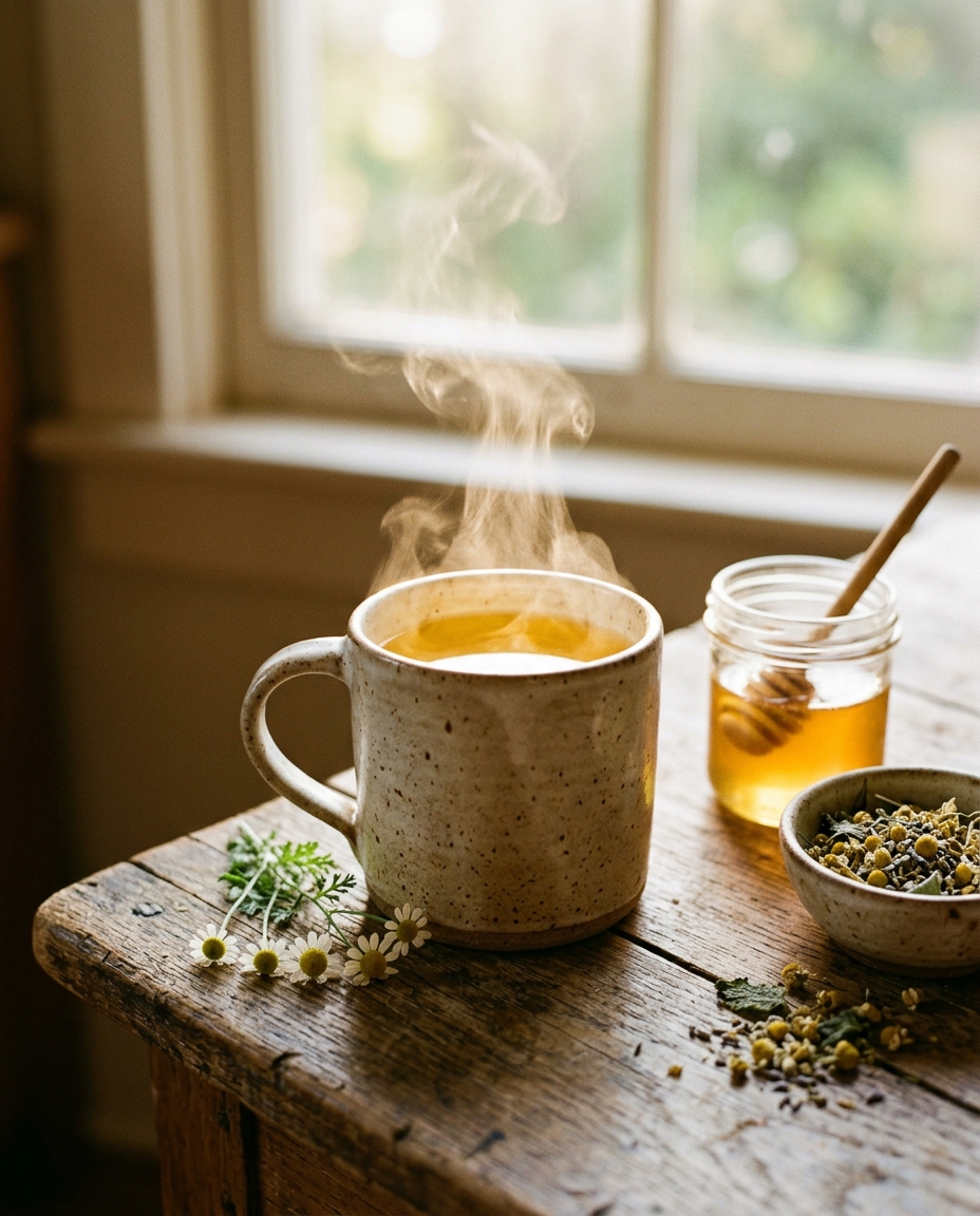 Steaming herbal tea with honey and chamomile