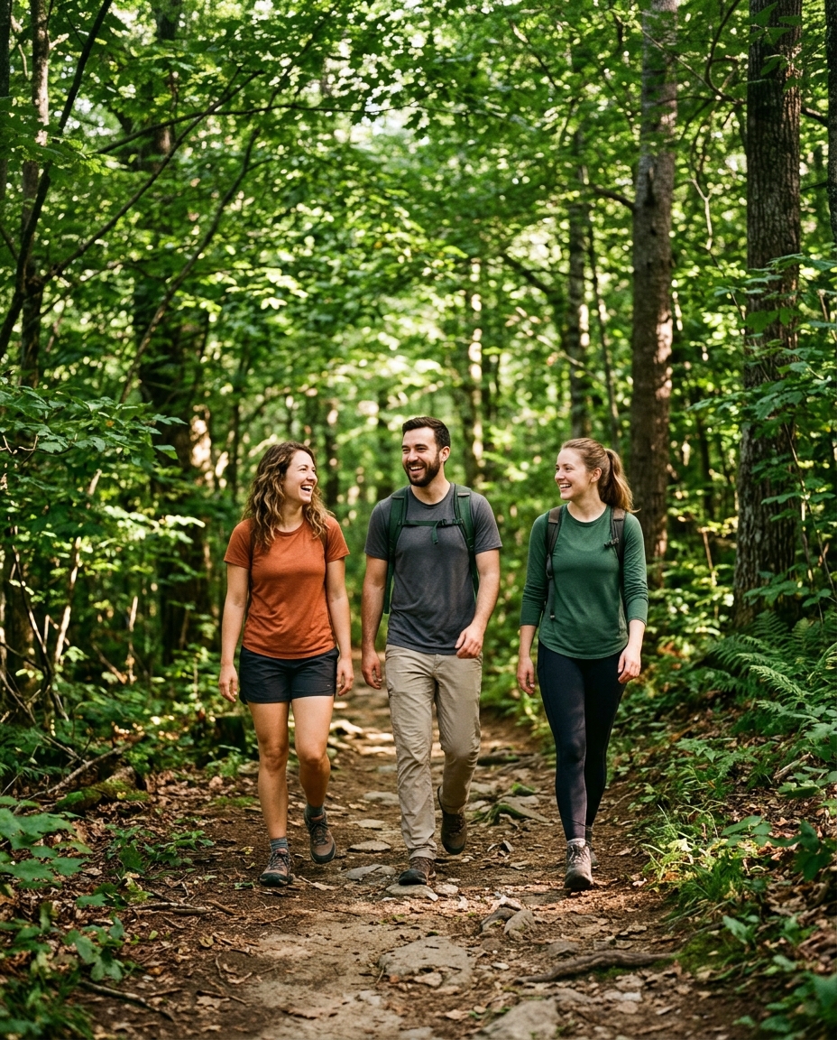 Friends hiking through a green forest trail