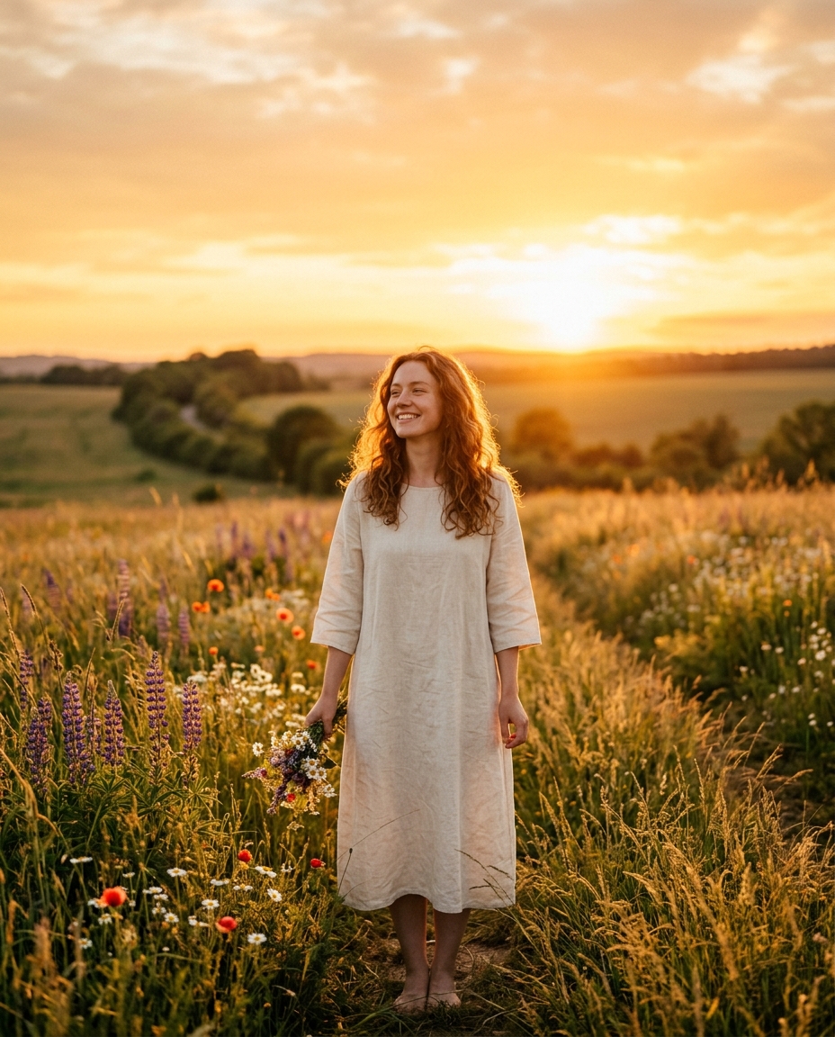 Woman in a wildflower field at golden hour