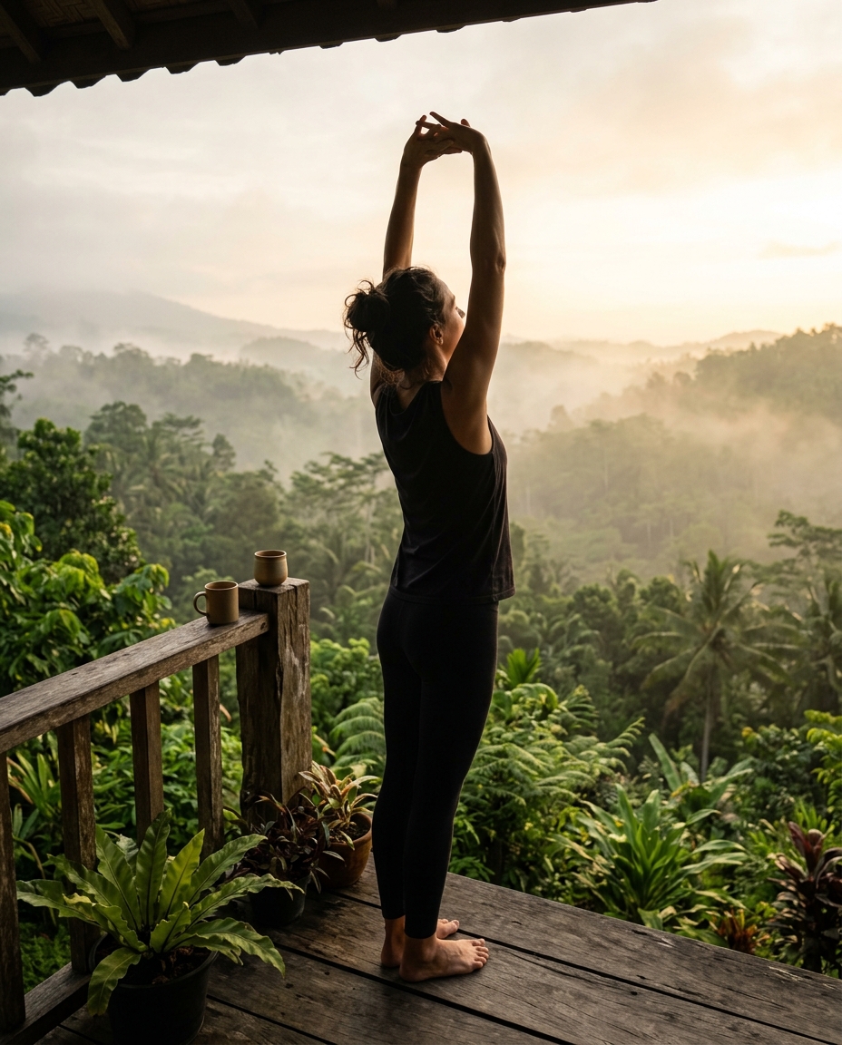 Morning stretching on a veranda