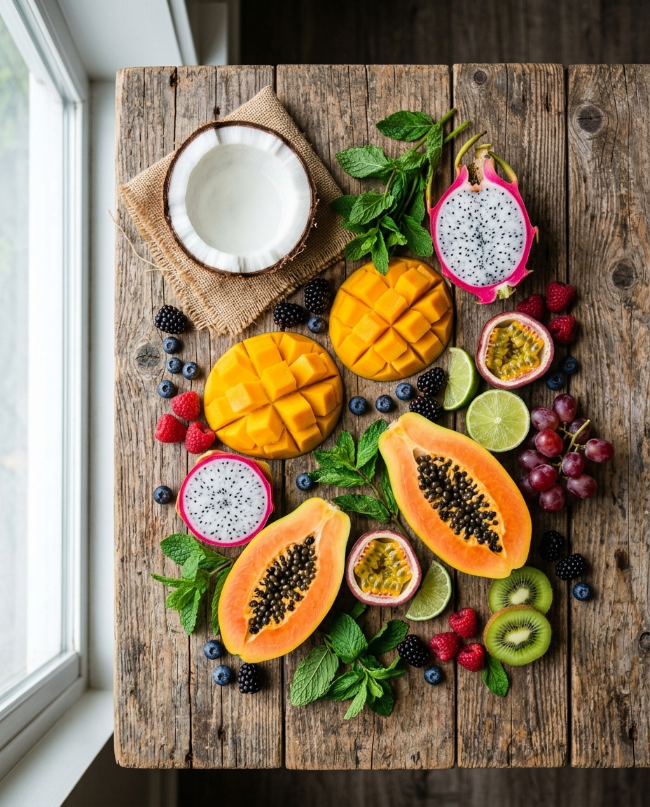 Colorful tropical fruit flatlay