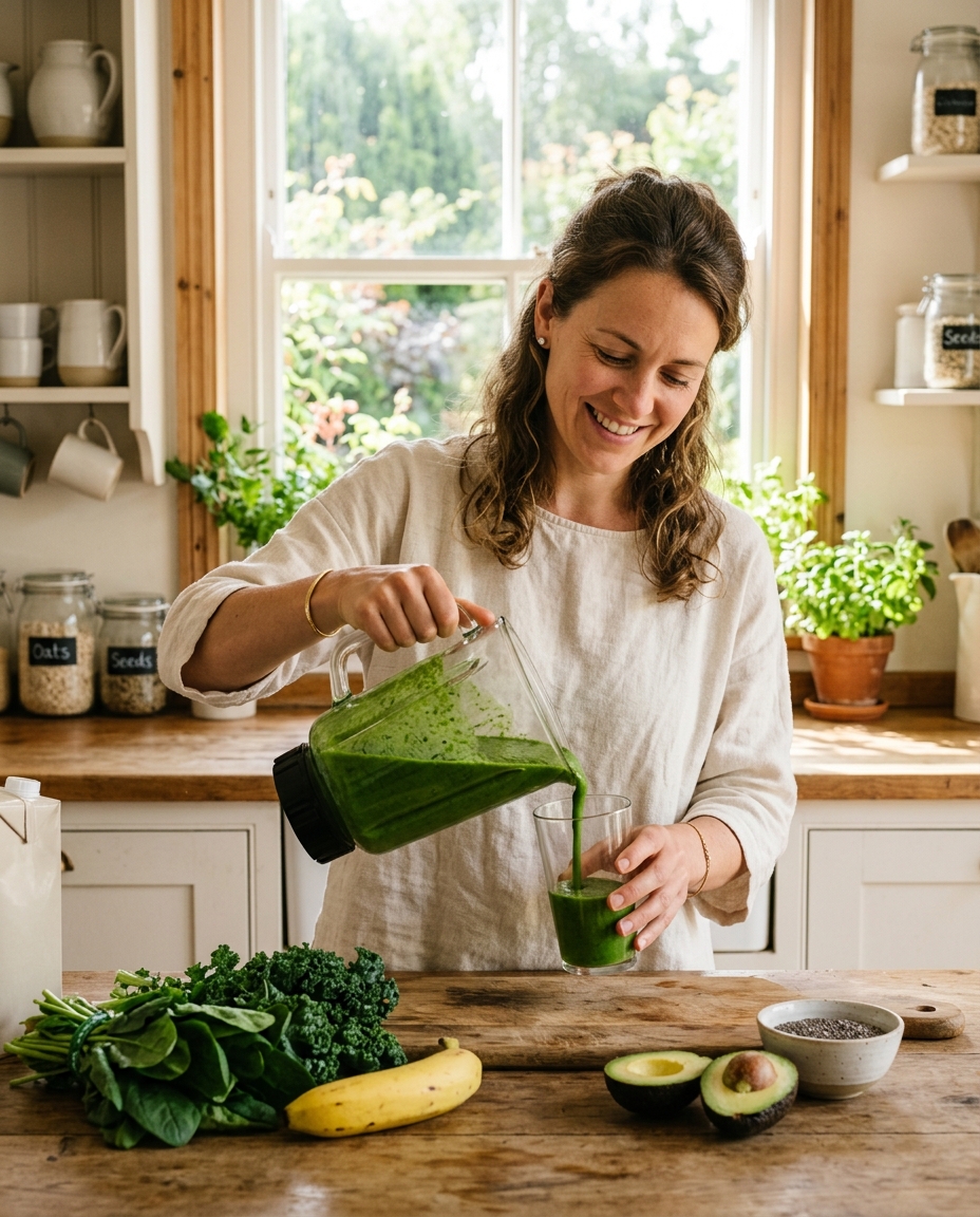Green smoothie in morning light