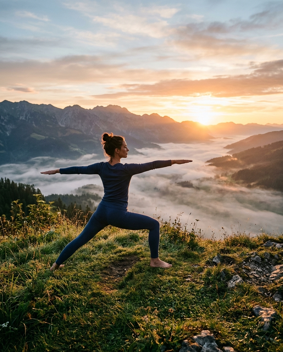 Yoga pose on a mountain at sunrise